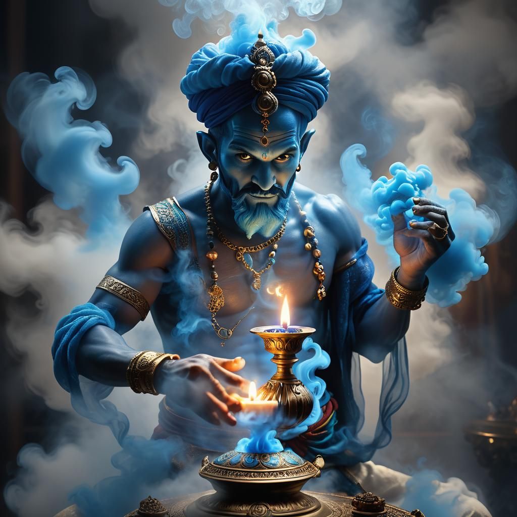 Mystical Genie Emerges from Lamp in Ethereal Art