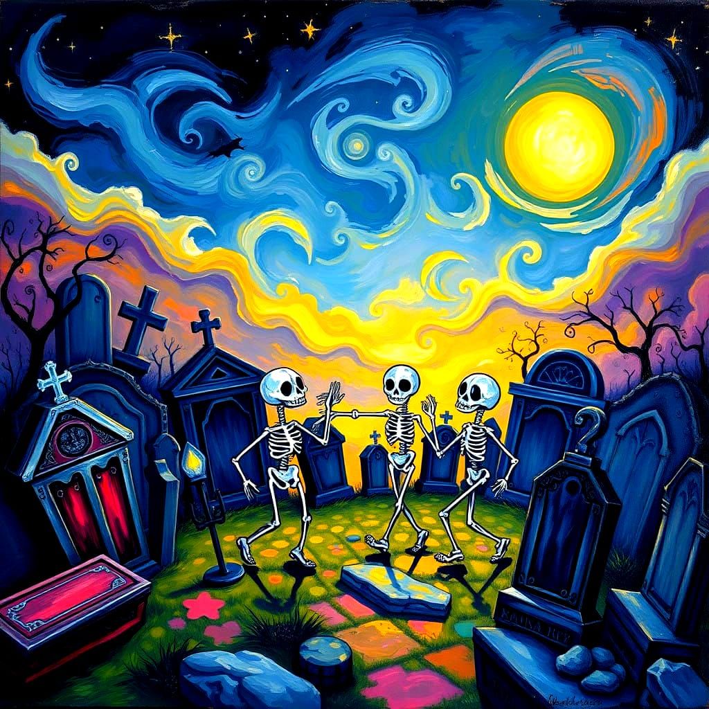 Vibrant Skeletons Dance in a Moonlit Cemetery