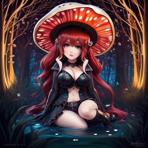 Kawaii Mushroom Woman in Magic Forest, Hyperrealistic Art