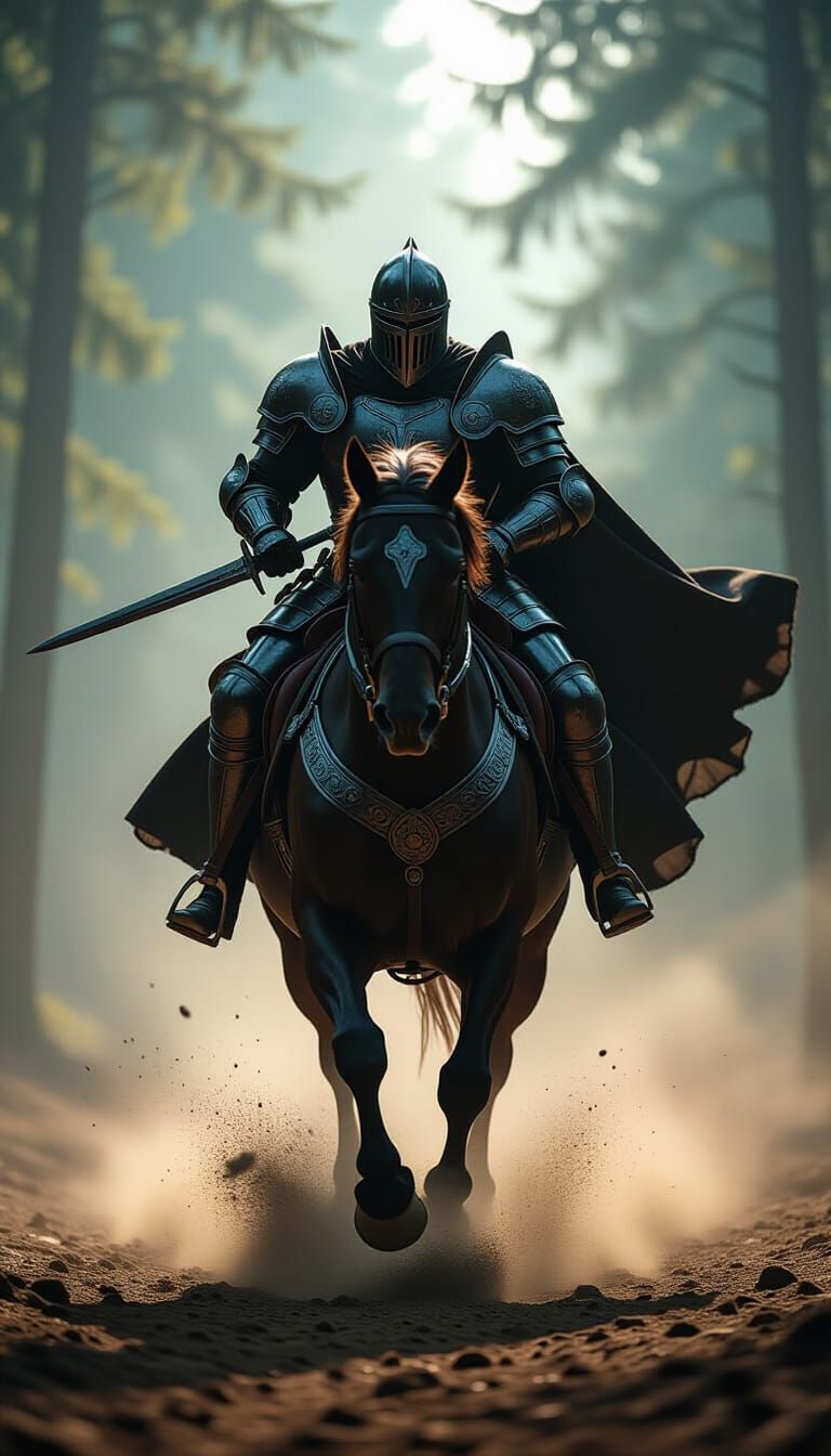 Dark Knight Charging on Warhorse in Misty Forest