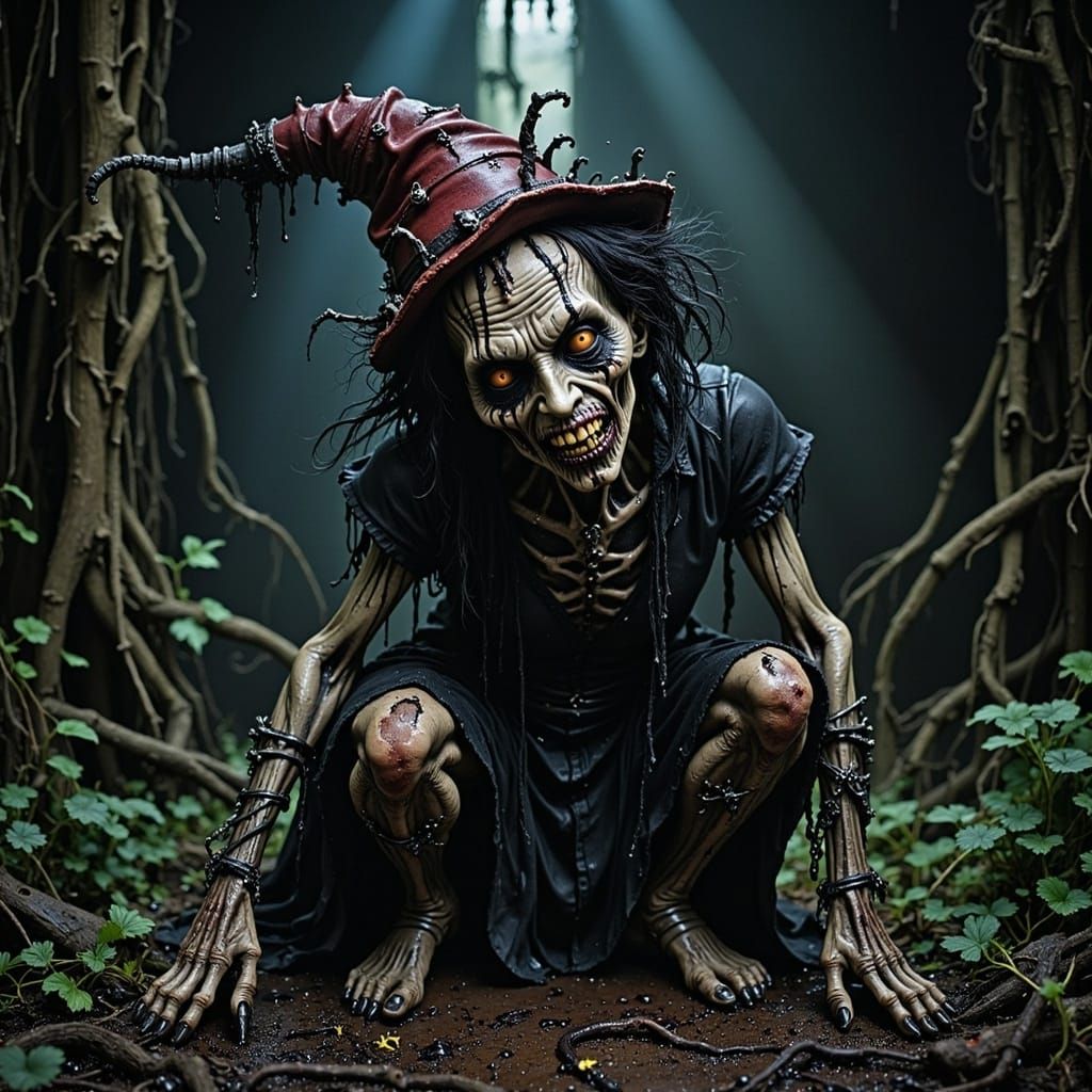 Macabre Figure in Ruined Castle, Dark Hyperrealistic Art