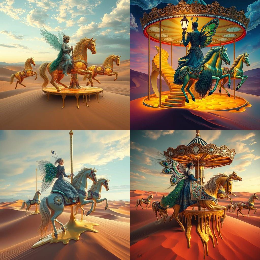 Surreal Melting Clock Carousel in Desert Landscape