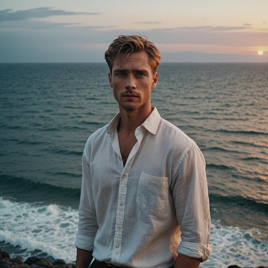 Handsome Man with Blue Eyes at Dusk