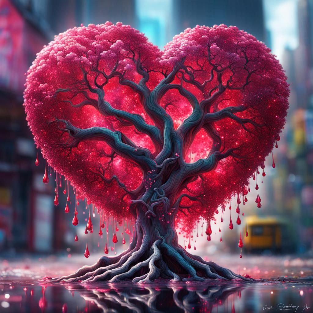 Glittering Ruby Heart Tree in 3D Graffiti Art