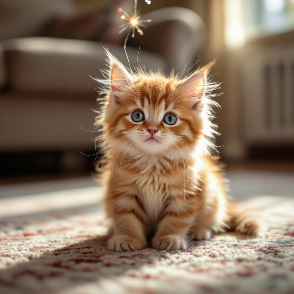 Fluffy Ginger Kitten Plays with Sparkly Toy