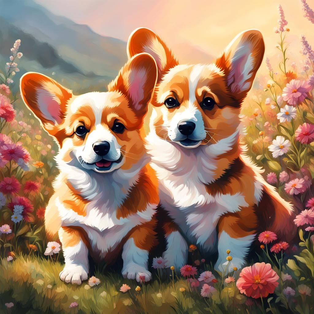 Corgi Puppies Sniffing Flowers: Hyperrealistic Splash Art