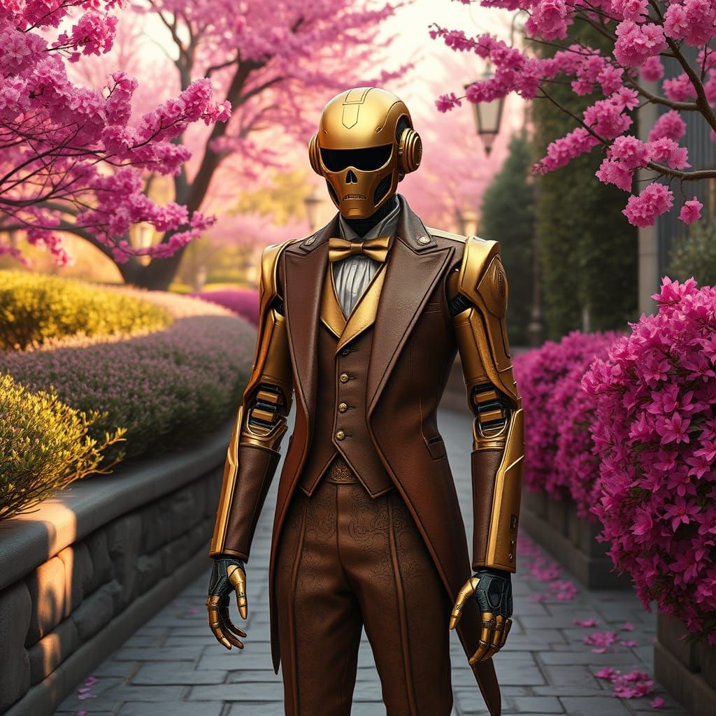 Golden Robot Portrait in Biomechanical Pink City