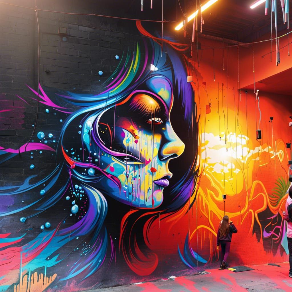 Neon-Lit Mural in Gritty Urban Surrealism