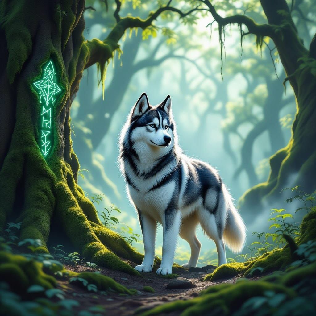 Majestic Husky in Enchanted Forest with Glowing Runes