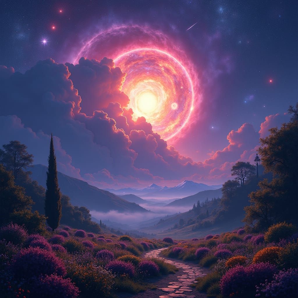 Supernova Lights a Garden in Cosmic Art Style