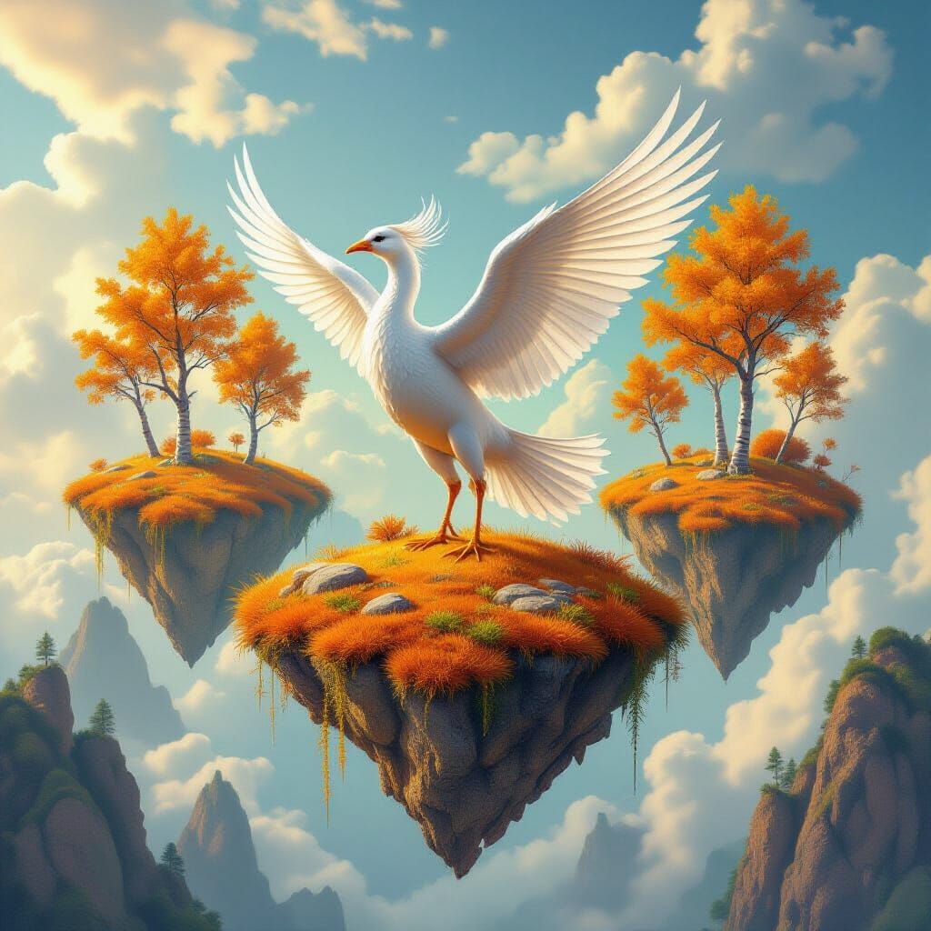 Mythical Bird Soars Over Orange Islands in the Sky