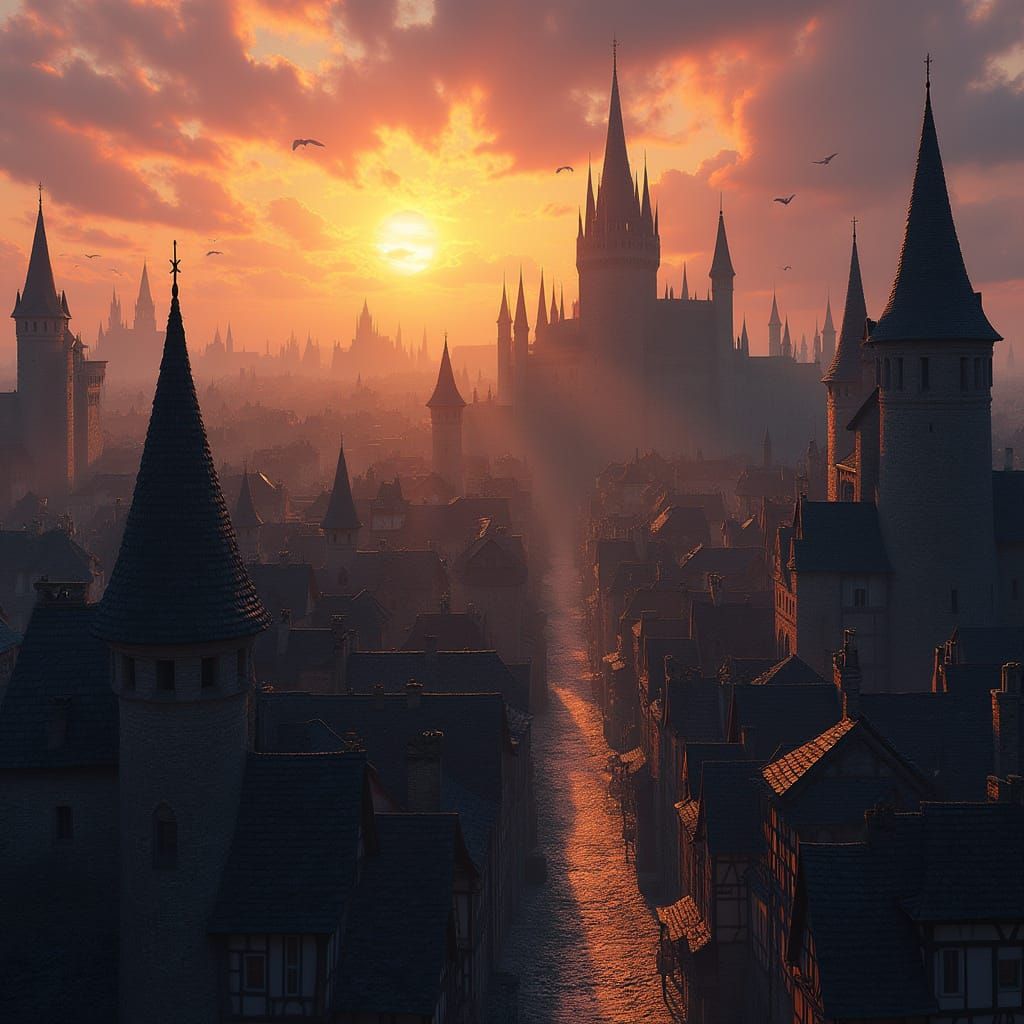 Medieval Cityscape at Sunset, Realistic Concept Art Style