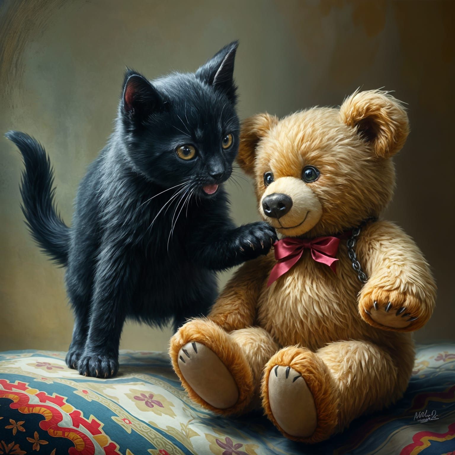 Kitten Ready to Pounce on Teddy Bear: Fantasy Painting
