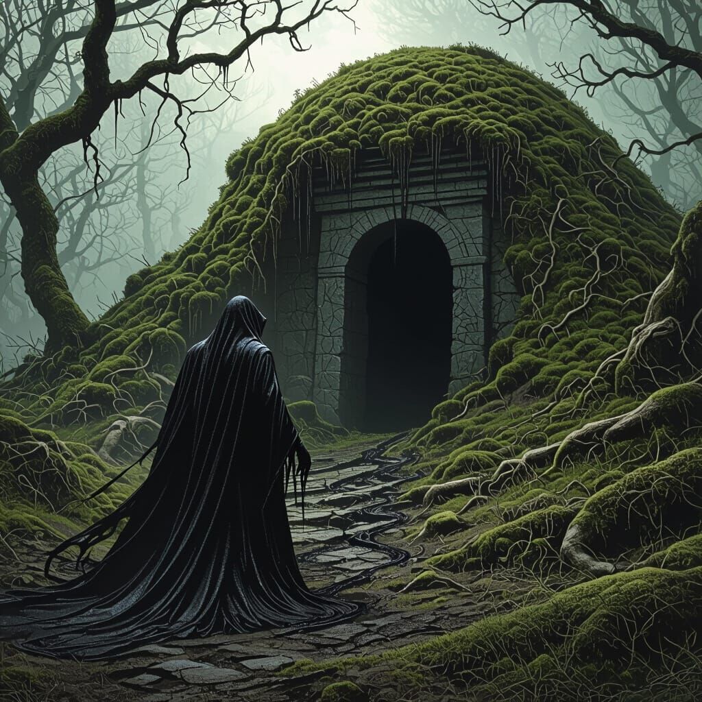 Ominous Witch Slithers Toward Ancient Tomb in Surreal Horror...