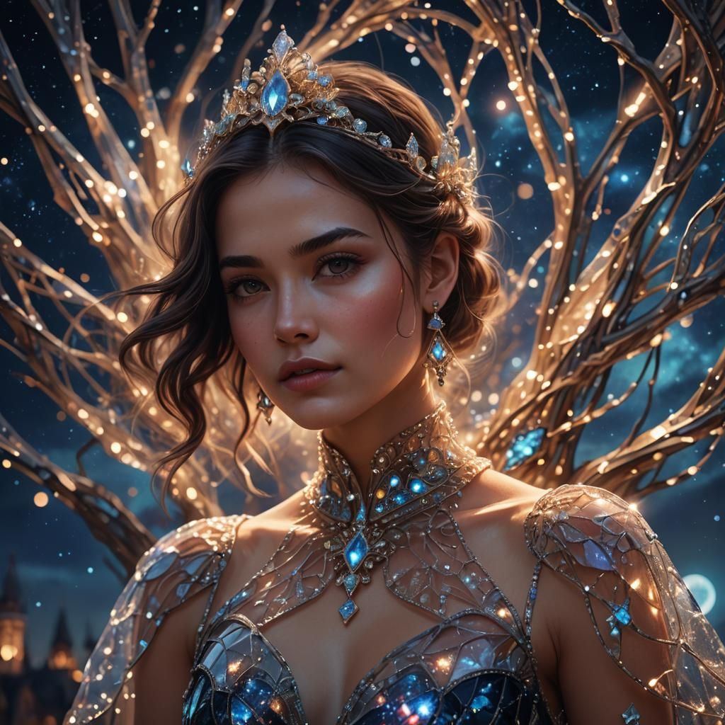 Woman in Glass Dress Against Night Sky