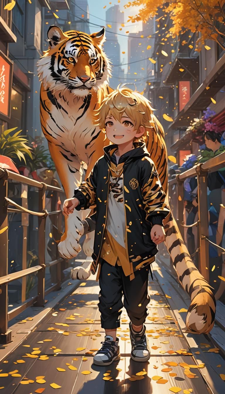 Baby and Tiger on Catwalk in Genshin Impact Style