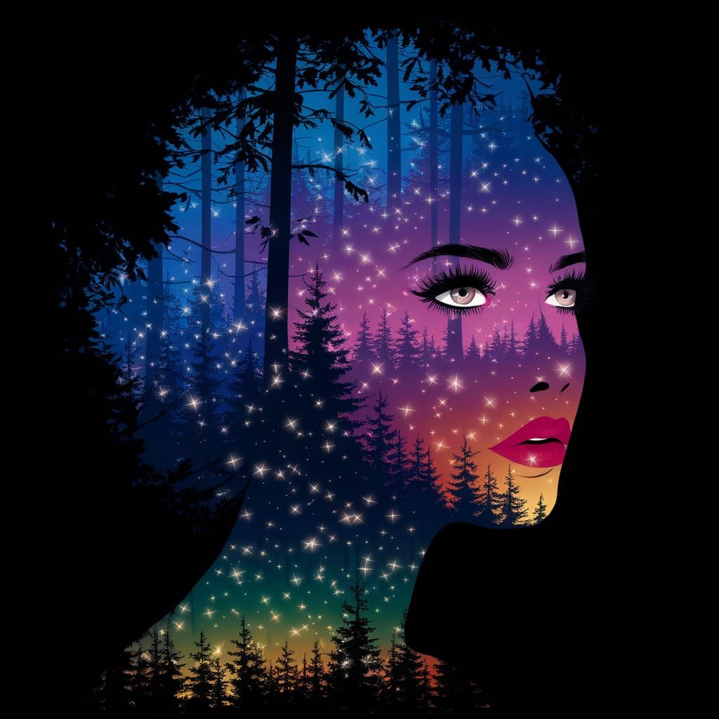 Abstract Woman's Face Merged with Night Forest
