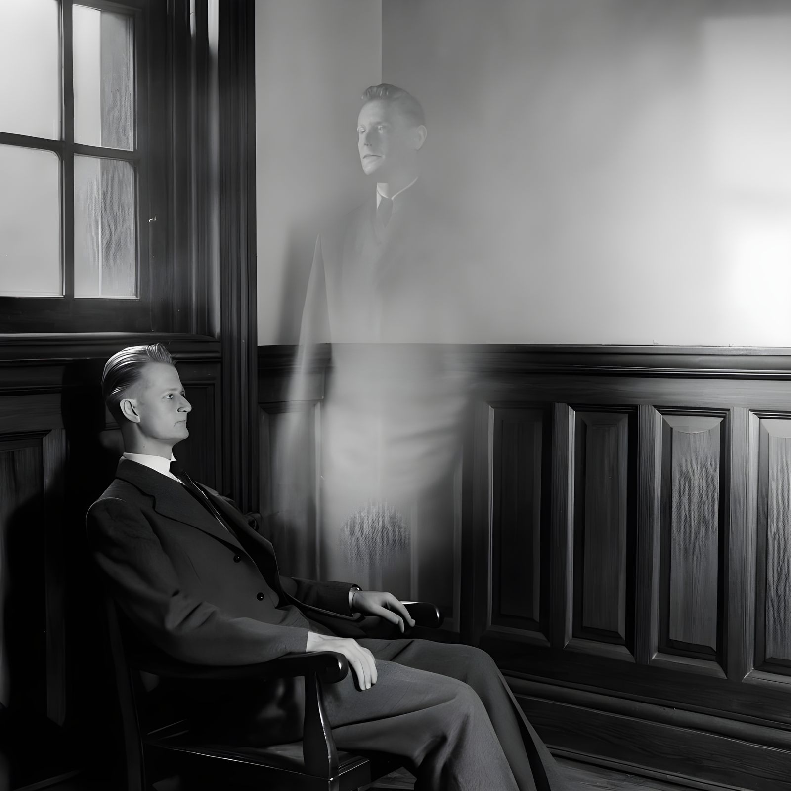 Mid-Century Gentleman Enveloped by a Ghostly Presence
