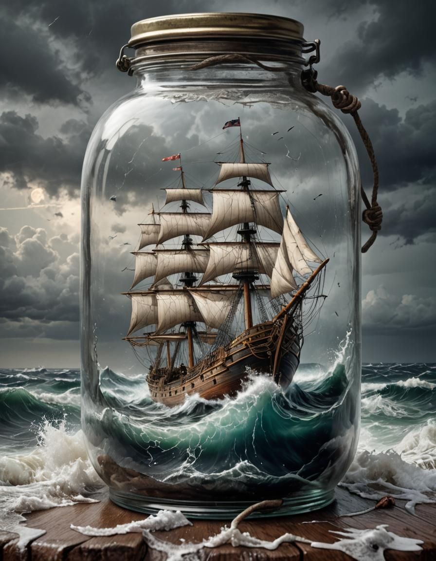 Sailship in Jar: Hyperrealistic Stormy Sea