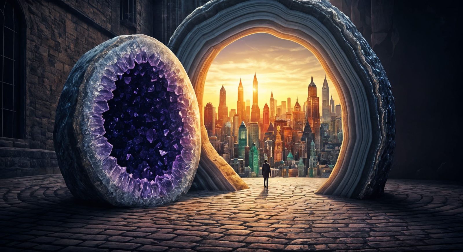 Surreal Amethyst Geode Portal to Ancient Gemstone City