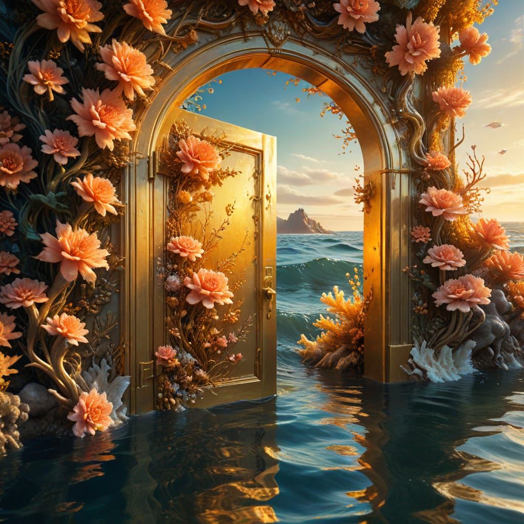 Golden Door in Ocean: A Surrealist Underwater Scene