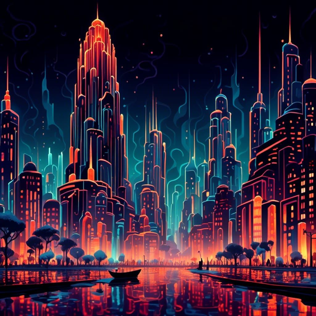 Art Deco Cityscape with Neon Lights