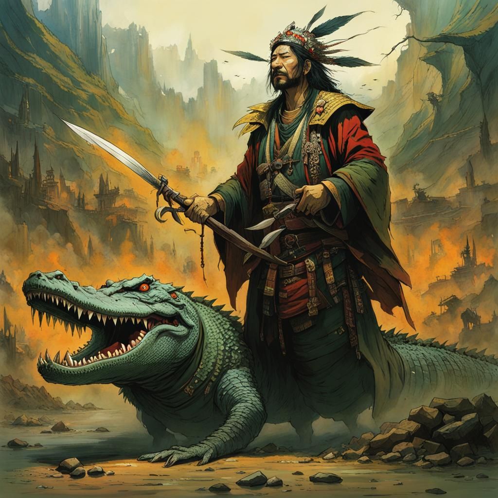 Huari Shaman Transforms into Crocodile: Detailed Illustratio...