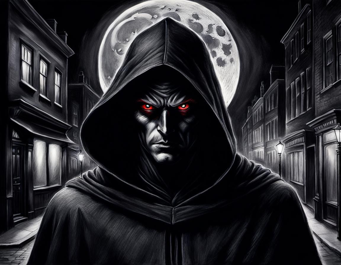 Sinister Figure in Victorian Street: A Charcoal Drawing