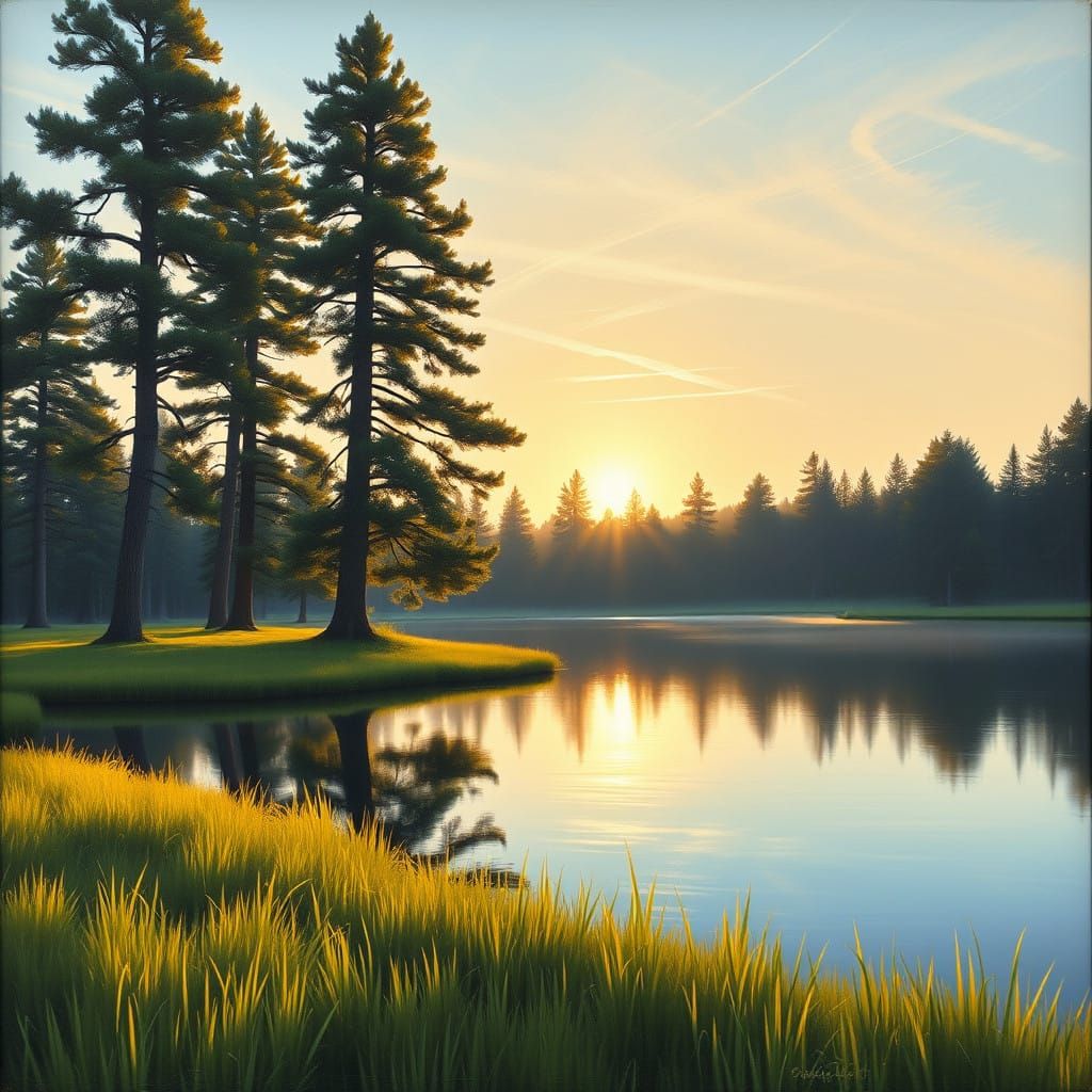 Peaceful Morning Lake Scene in Earthy Color Palette