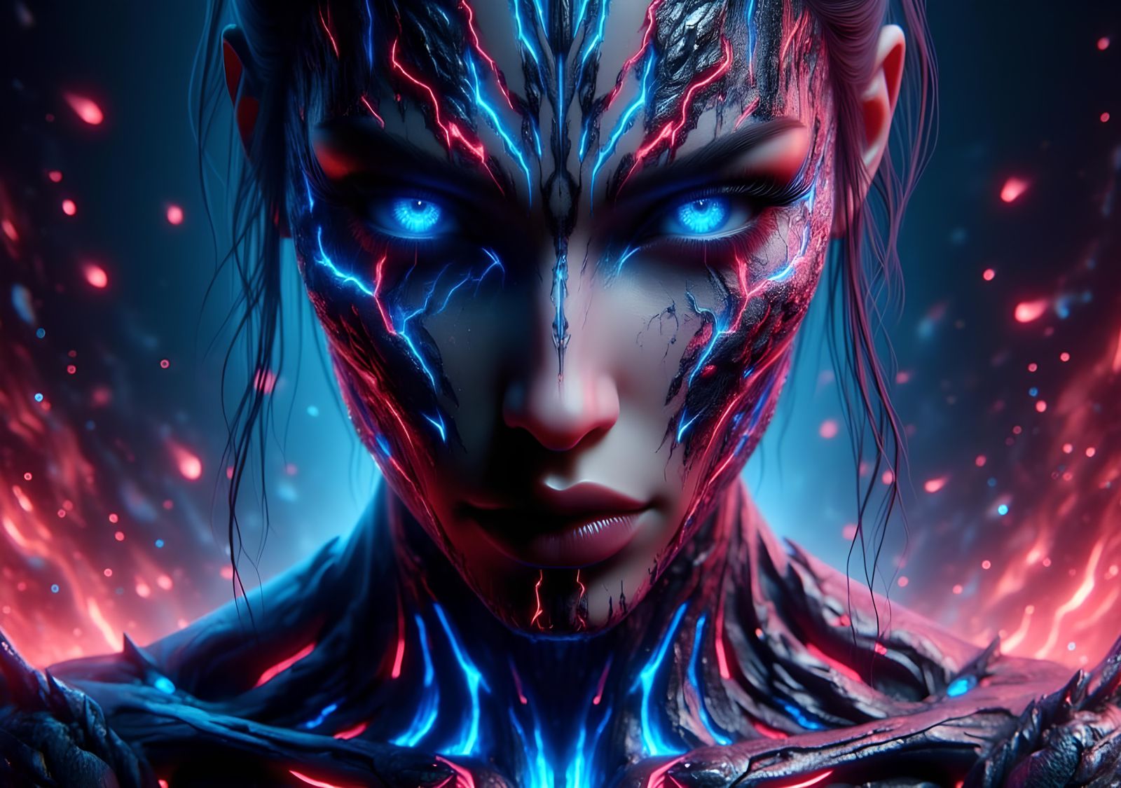 Tattooed Geisha Ultrawarrior Queen with Glowing Energy Lines