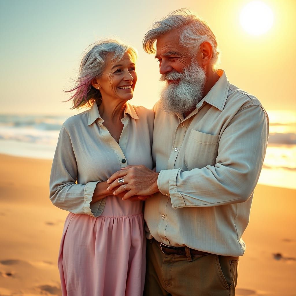 Warm Elderly Couple Basks in Golden Beachside Glow