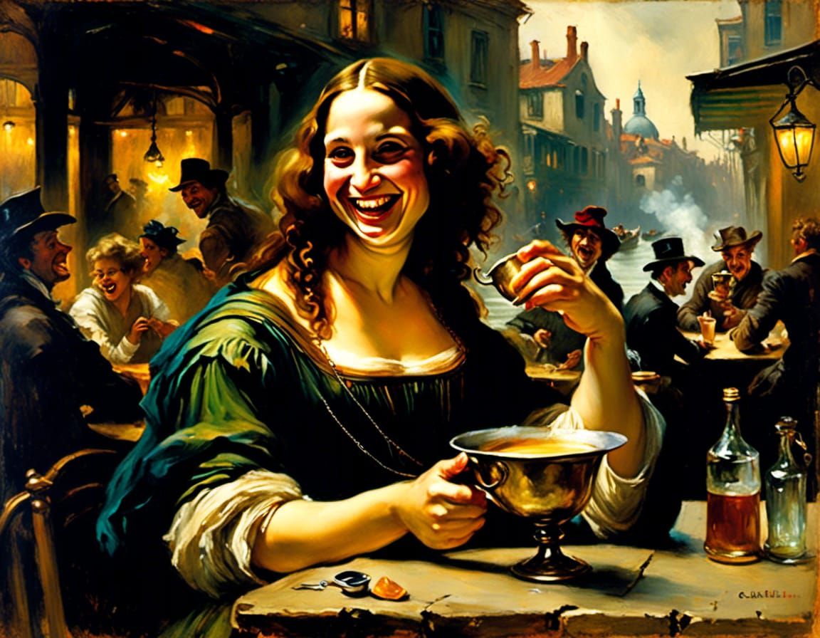 Mona Lisa Laughing in Venice, Chiaroscuro Portrait