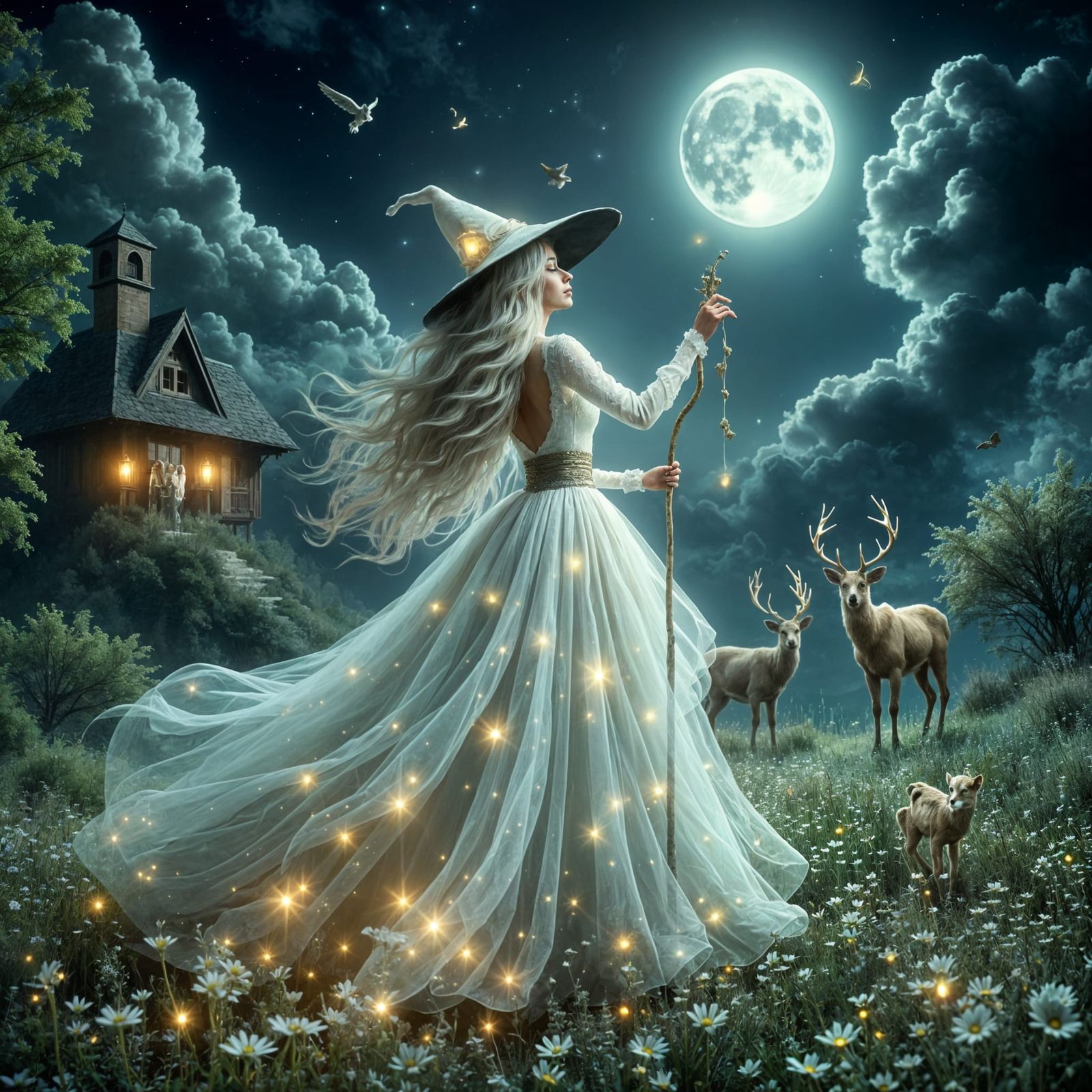 Kind Witch in Moonlit Meadow with Healing Staff