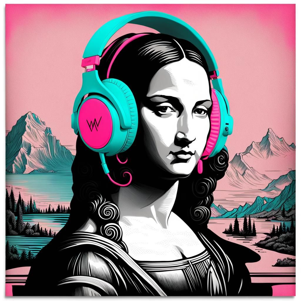 Mona Lisa headphones walkman, neon Pink and turquoise