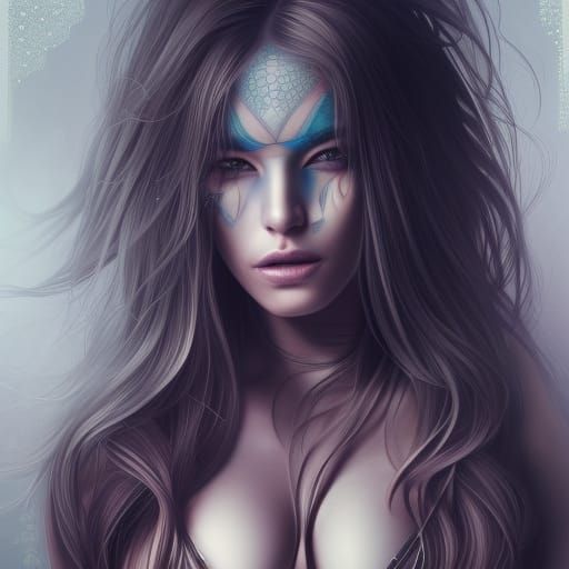 Tattooed Woman Portrait with Fractal Dress in Luminism Style