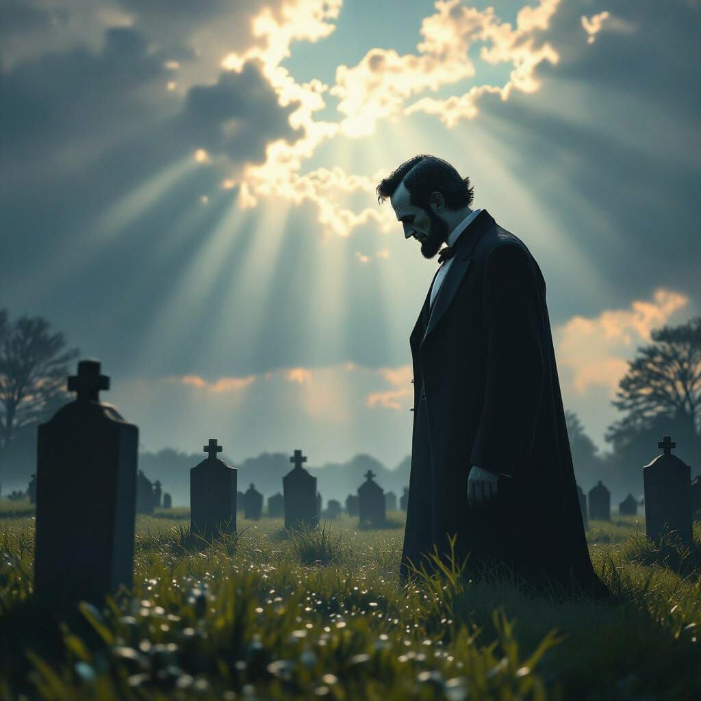 Ghostly Lincoln Among Gettysburg Graves in Ethereal Light