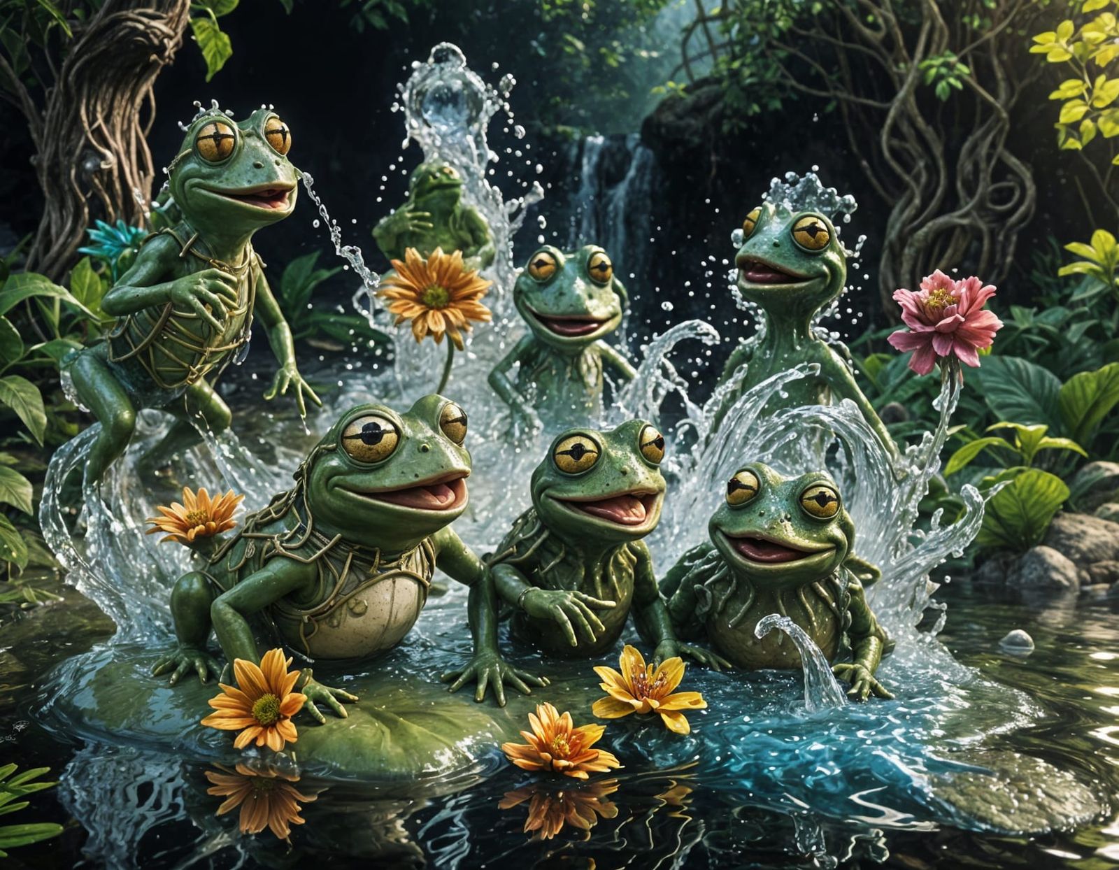 Pepe the frog and friends bathing in the river