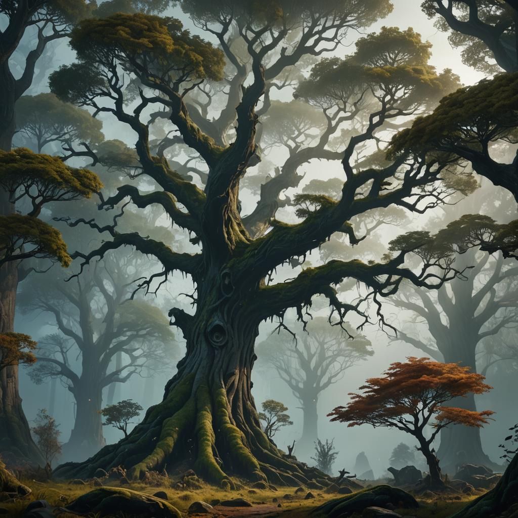 Ethereal Forest: Ghostly Tree in Fog, Detailed Matte Paintin...