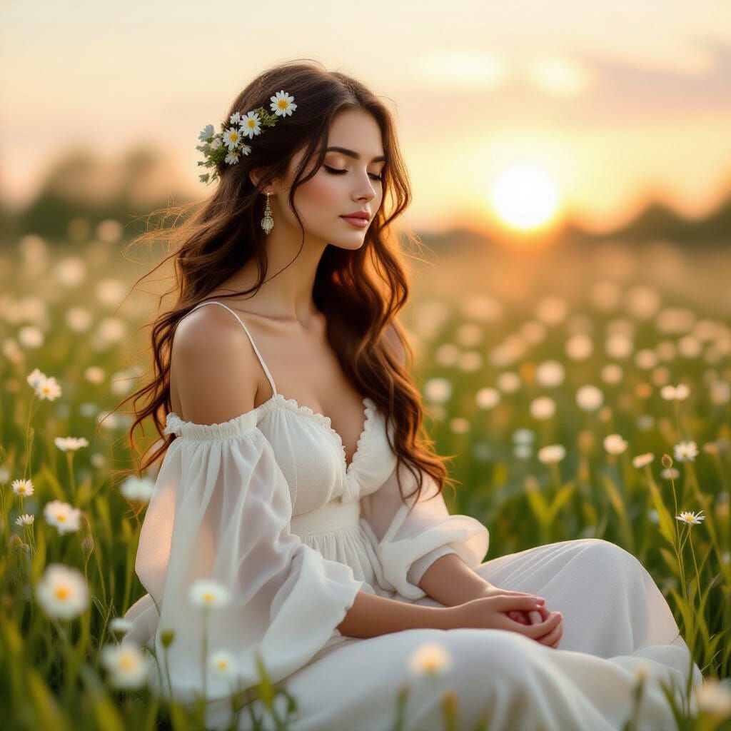 Woman Meditating in Spring Meadow, Impressionist Style