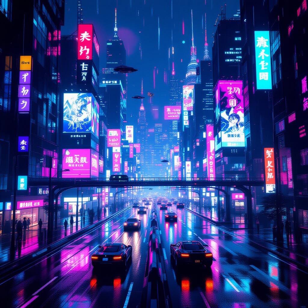 Cyberpunk Cityscape at Night in Anime Style