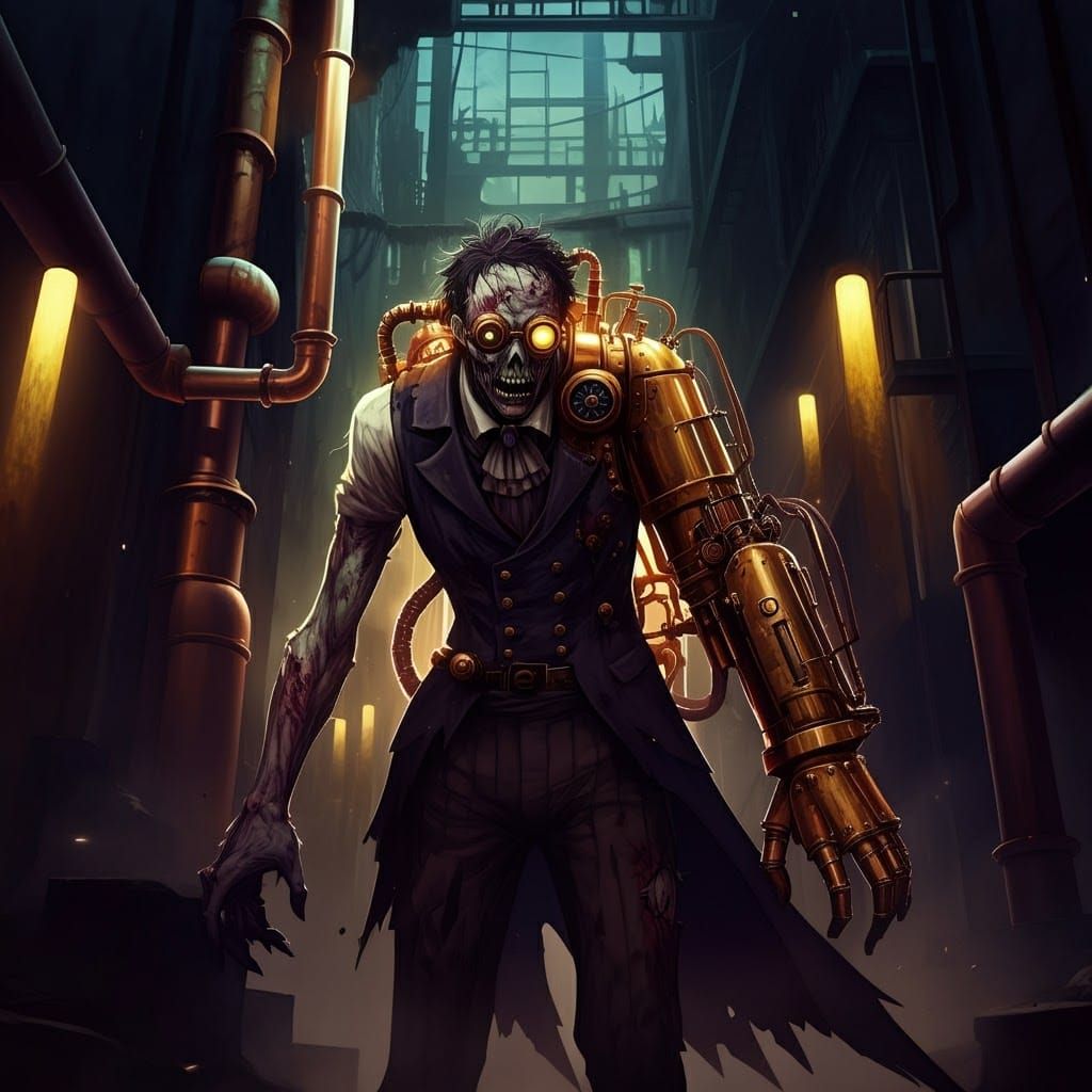 Steampunk Zombie in Dystopian Metropolis, Anime Style