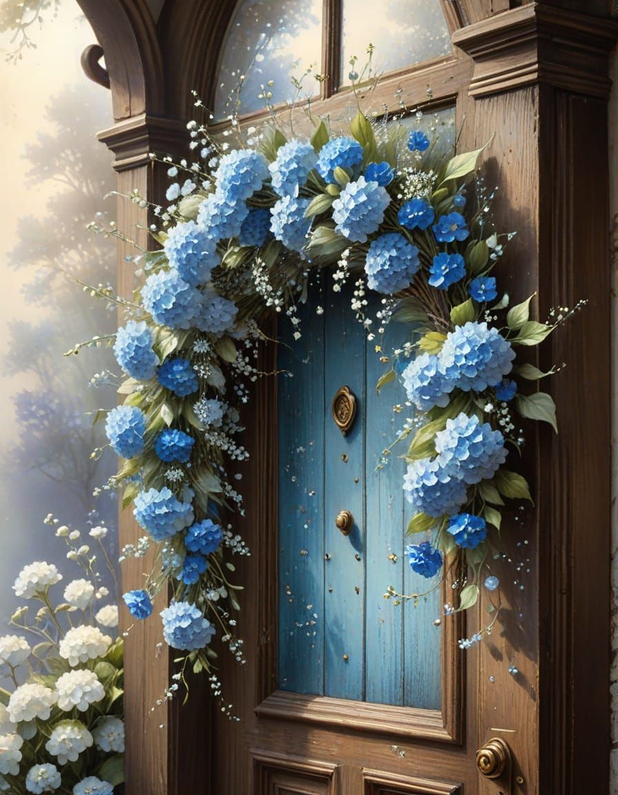 Ethereal Hydrangea Wreath on Antique Door