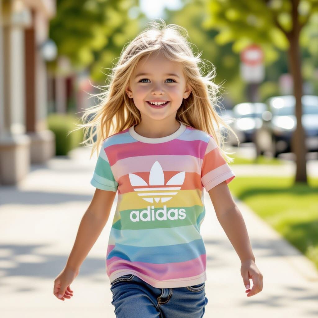 Energetic Blonde Girl Skipping in Adidas Shirt