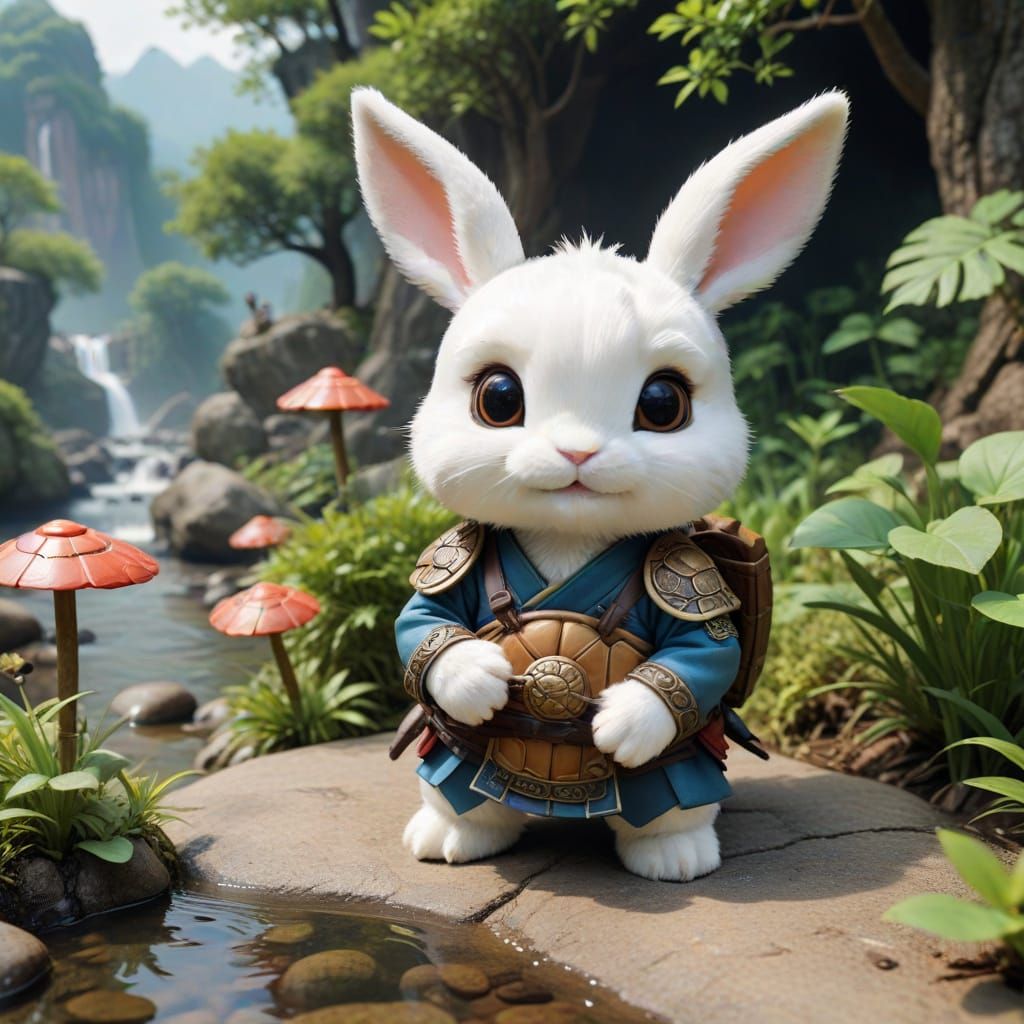 cute chibi rabbit turtle hybrids set out on an adventure in a wuxia setting