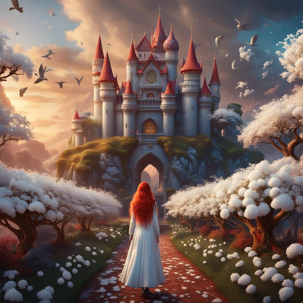 Psychedelic Fantasy Castle with Snowing White Flowers