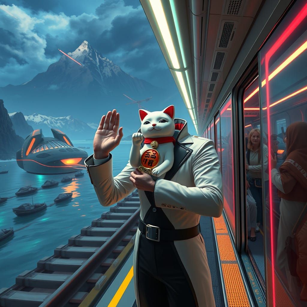 Elegant Traveler Boards Futuristic Train to Enchanting Realm