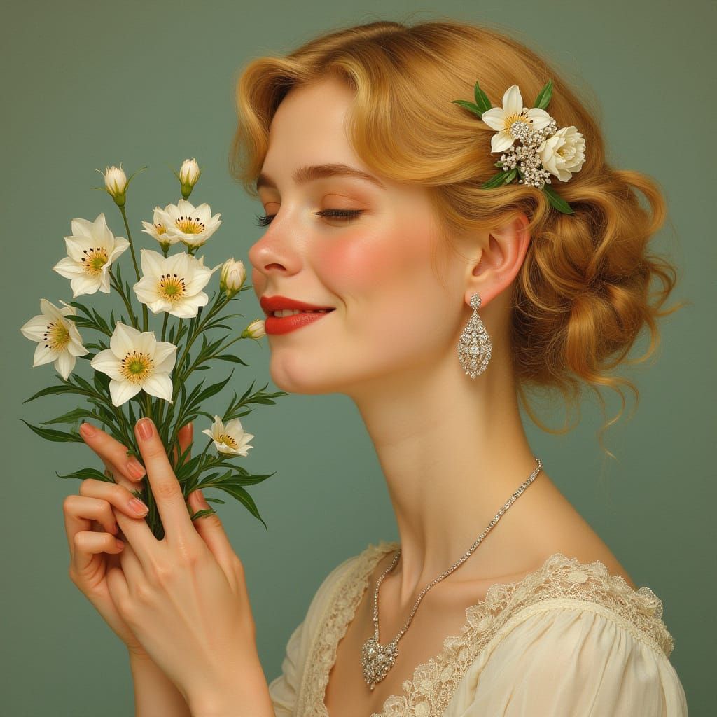 Elegant Woman with Lily of the Valley Bouquet in a Whimsical...