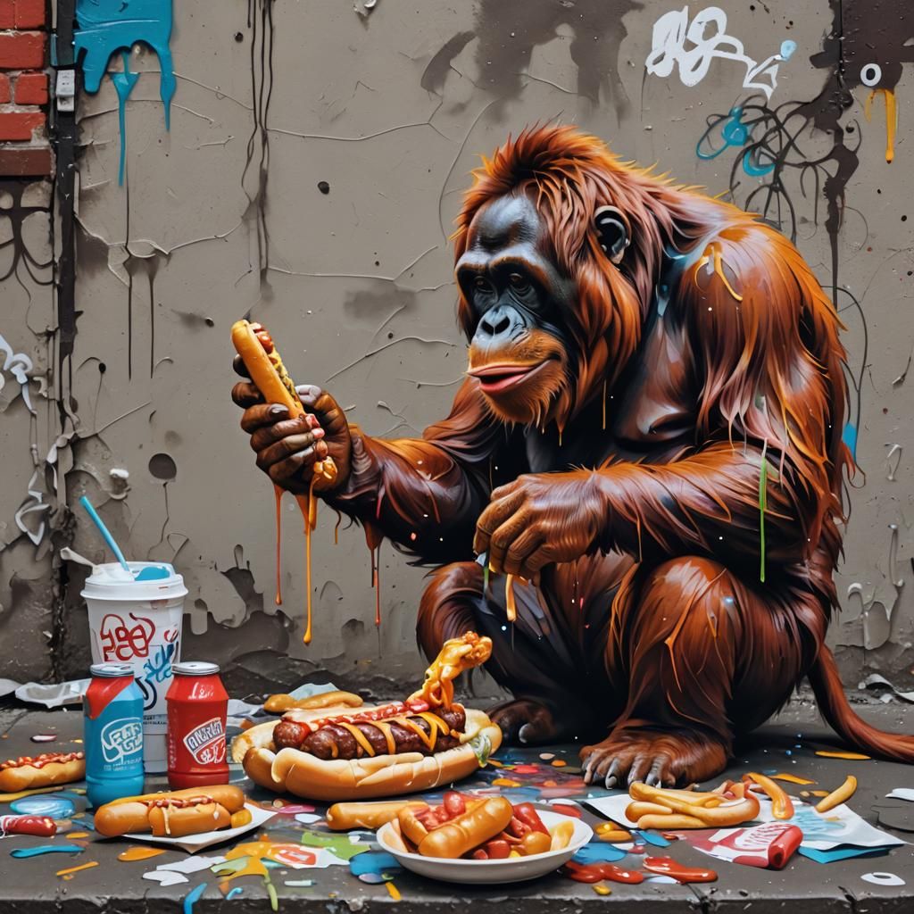 Orangutan Street Art: Hotdog, Phone, Graffiti Style