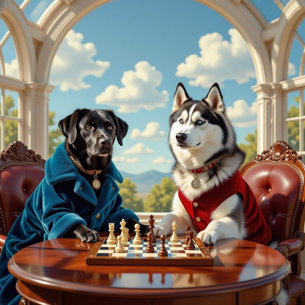 Dogs Playing Chess in a Solarium, Whimsical Art
