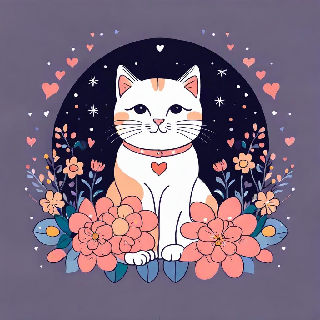 Cute Cat with Flowers in Children's Book Style